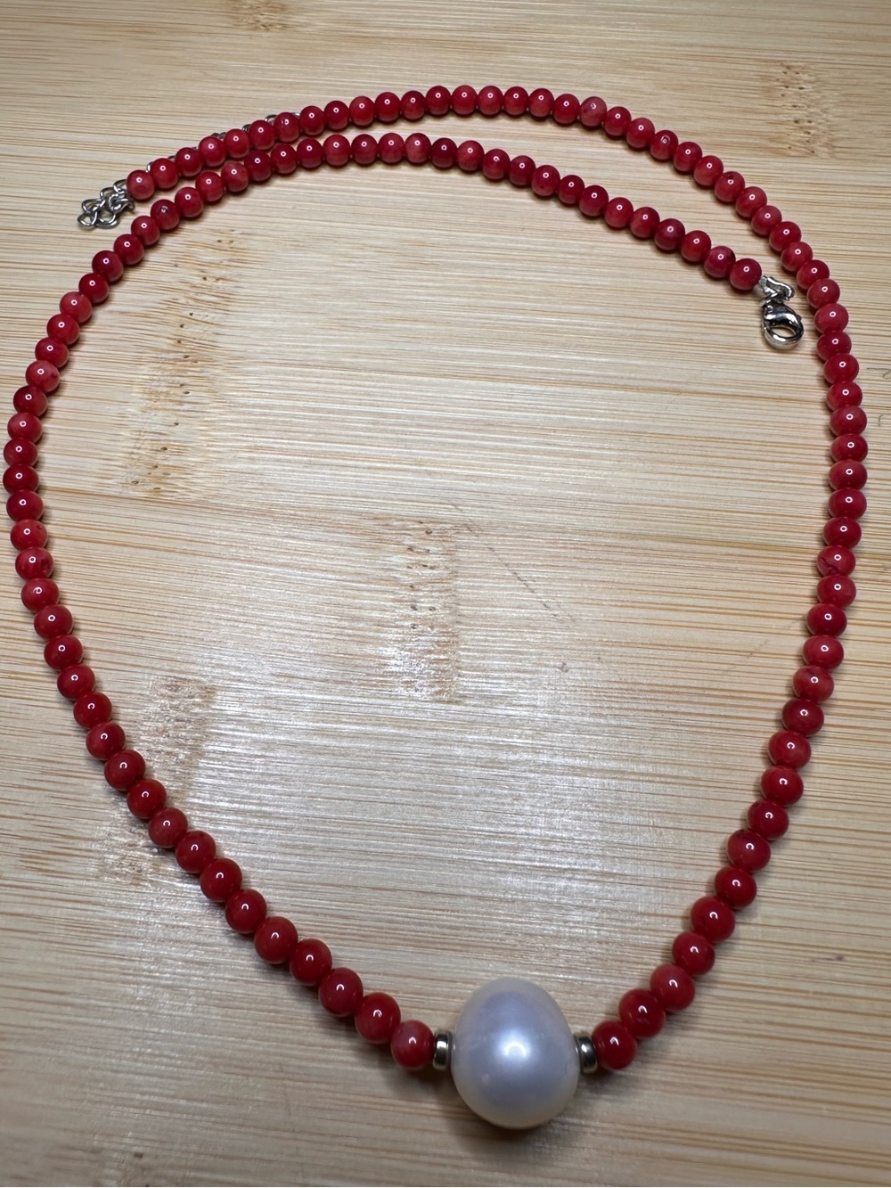 Red coral and Pearl Beaded Necklace with Sterling Silver